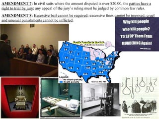 AMENDMENT 7 :  In civil suits where the amount disputed is over $20.00, the  parties have a right to trial by jury ; any appeal of the jury’s ruling must be judged by common law rules.  AMENDMENT 8 :   Excessive bail cannot be required ; excessive fines cannot be imposed;  cruel and unusual punishments cannot be inflicted .  