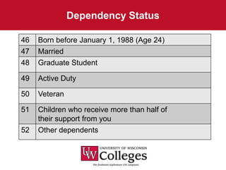 Dependency Status

46   Born before January 1, 1988 (Age 24)
47   Married
48   Graduate Student

49   Active Duty

50   Veteran

51   Children who receive more than half of
     their support from you
52   Other dependents
 
