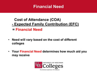 Financial Need


    Cost of Attendance (COA)
  - Expected Family Contribution (EFC)
  = Financial Need

• Need will vary based on the cost of different
  colleges

• Your Financial Need determines how much aid you
  may receive
 