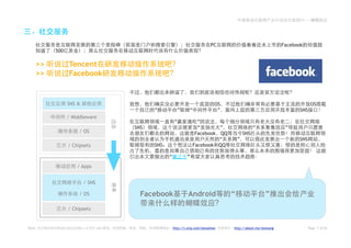 2011——




                                                                              PC                               Facebook
         500

    >>               Tencent
    >>               Facebook


                 SNS &                                                          OS                                           OS
                                             “              ”    “               ”                                    SNS
                / Middleware
                                                        “              ”
                                       SNS                             “       ”                   “            ”
                       / OS                                           Facebook QQ            SNS
                                                                               “         ”                           SNS
                 / Chipsets                  SNS                     Facebook QQ

                                                   “            ”
                      / Apps


                         / SNS

                       / OS              Facebook               Android              “                 ”
                 / Chipsets


Note:          2.0               Leo                   http://t.sina.com/betashow    http://about.me/leowang                Page 7 of 26
 