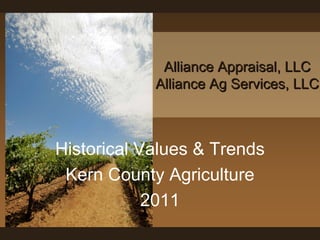 Alliance Appraisal, LLC
            Alliance Ag Services, LLC



Historical Values & Trends
 Kern County Agriculture
            2011
 