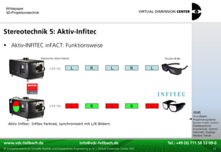 Whitepaper
 3D-Projektionstechnik




Stereotechnik 5: Aktiv-Infitec
 Aktiv-INFITEC inFACT: Funktionsweise

                             klassisches Aktiv-Stereo                                                              Shutter-Brille


                                   144 Hz               L           R               L              R       L




                                   144 Hz               L           R               L              R       L
                                                                                                                                    xxx:
                                                                                                                                     Inhalt:
                                                                                                                                    xxx
                                                                                                                                    Grundlagen
                                                                                                                                    Projektionssysteme
                                                                                                                                    Bauarten Projekt.-Systeme
   Aktiv Infitec: Infitec Farbrad, synchronisiert mit L/R Bildern                                                                   Displaysysteme
                                                                                                                                    Autostereosk. Systeme
                                                                                                                                    Volumetr. Displays
                                                                                                                                    Weitere Trends

www.vdc-fellbach.de
www.vdc-fellbach.de                                        info@vdc-fellbach.de
                                                         info@vdc.fellbach.de                             Tel.: +49 (0) 711+49 53 09-0 58 53 09-0
                                                                                                                      Tel.: 58 (0) 711
  www.vdc-fellbach.de                                       info@vdc.fellbach.de
© Kompetenzzentrum Virtuelle Realität und Kooperatives Engineering w. V. – Virtual Dimension Center VDC     Tel.: +49 (0) 711 58 53 09-0       15
 