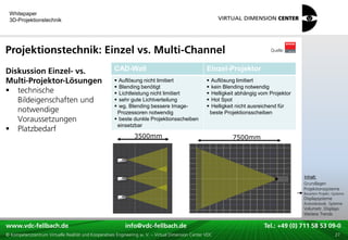 Whitepaper
 3D-Projektionstechnik




Projektionstechnik: Einzel vs. Multi-Channel                                                                                    Quelle:



Diskussion Einzel- vs.                                CAD-Wall                                      Einzel-Projektor
Multi-Projektor-Lösungen                               Auflösung nicht limitiert                      Auflösung limitiert
                                                       Blending benötigt                              kein Blending notwendig
 technische                                           Lichtleistung nicht limitiert                  Helligkeit abhängig vom Projektor
   Bildeigenschaften und                               sehr gute Lichtverteilung                      Hot Spot
                                                       wg. Blending bessere Image-                    Helligkeit nicht ausreichend für
   notwendige                                          Prozessoren notwendig                            beste Projektionsscheiben
   Voraussetzungen                                     beste dunkle Projektionsscheiben
                                                       einsetzbar
 Platzbedarf
                                                                3500mm                                           7500mm




                                                                                                                                            xxx:
                                                                                                                                             Inhalt:
                                                                                                                                            xxx
                                                                                                                                            Grundlagen
                                                                                                                                            Projektionssysteme
                                                                                                                                            Bauarten Projekt.-Systeme
                                                                                                                                            Displaysysteme
                                                                                                                                            Autostereosk. Systeme
                                                                                                                                            Volumetr. Displays
                                                                                                                                            Weitere Trends

www.vdc-fellbach.de
www.vdc-fellbach.de                                        info@vdc-fellbach.de
                                                         info@vdc.fellbach.de                                    Tel.: +49 (0) 711+49 53 09-0 58 53 09-0
                                                                                                                             Tel.: 58 (0) 711
  www.vdc-fellbach.de                                       info@vdc.fellbach.de
© Kompetenzzentrum Virtuelle Realität und Kooperatives Engineering w. V. – Virtual Dimension Center VDC            Tel.: +49 (0) 711 58 53 09-0       27
 
