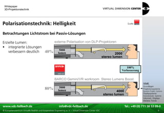 Whitepaper
 3D-Projektionstechnik




Polarisationstechnik: Helligkeit                                                                                           Quelle:



Betrachtungen Lichtstrom bei Passiv-Lösungen

Erzielte Lumen:            externe Polarisation von DLP-Projektoren
 integrierte Lösungen
                              5000
    verbessern deutlich 40% lumen                                 2000
                                                                                                          stereo lumen


                                                                                                                          100%
                                                                                                                       Verbesserung


                                                      BARCO Gemini/VR workroom Stereo Lumens Boost
                                                                                                                                       xxx:
                                                                                                                                        Inhalt:
                                                                                                                                       xxx
                                                                                                                                       Grundlagen
                                            80%            5000                                                                        Projektionssysteme
                                                          lumen                                                    4000                Bauarten Projekt.-Systeme
                                                                                                                                       Displaysysteme
                                                                                                          stereo lumen                 Autostereosk. Systeme
                                                                                                                                       Volumetr. Displays
                                                                                                                                       Weitere Trends

www.vdc-fellbach.de
www.vdc-fellbach.de                                        info@vdc-fellbach.de
                                                         info@vdc.fellbach.de                                 Tel.: +49 (0) 711+49 53 09-0 58 53 09-0
                                                                                                                          Tel.: 58 (0) 711
  www.vdc-fellbach.de                                       info@vdc.fellbach.de
© Kompetenzzentrum Virtuelle Realität und Kooperatives Engineering w. V. – Virtual Dimension Center VDC         Tel.: +49 (0) 711 58 53 09-0       9
 