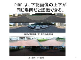 PIRF は、下記画像の上下が
 同じ場所だと認識できる。




 上：休日の駐車場、下：平日の駐車場




    上：昼間、下：夜間        17
 