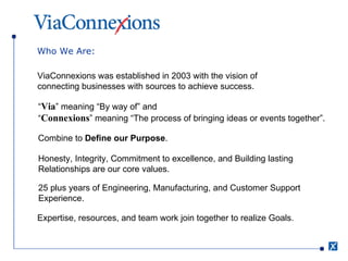 Who We Are: ViaConnexions was established in 2003 with the vision of  connecting businesses with sources to achieve success. “ Via ” meaning “By way of” and  “ Connexions ” meaning “The process of bringing ideas or events together”. Combine to  Define our Purpose . Honesty, Integrity, Commitment to excellence, and Building lasting  Relationships are our core values. 25 plus years of Engineering, Manufacturing, and Customer Support  Experience. Expertise, resources, and team work join together to realize Goals. 