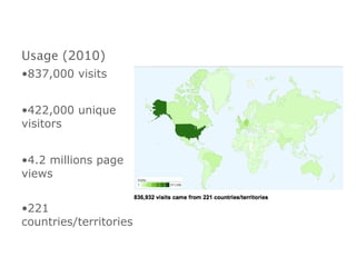 Usage  (2010) 837,000 visits 422,000 unique visitors 4.2 millions page views 221 countries/territories 