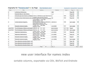 new user interface for names index sortable columns, exportable via CSV, BibTeX and Endnote 