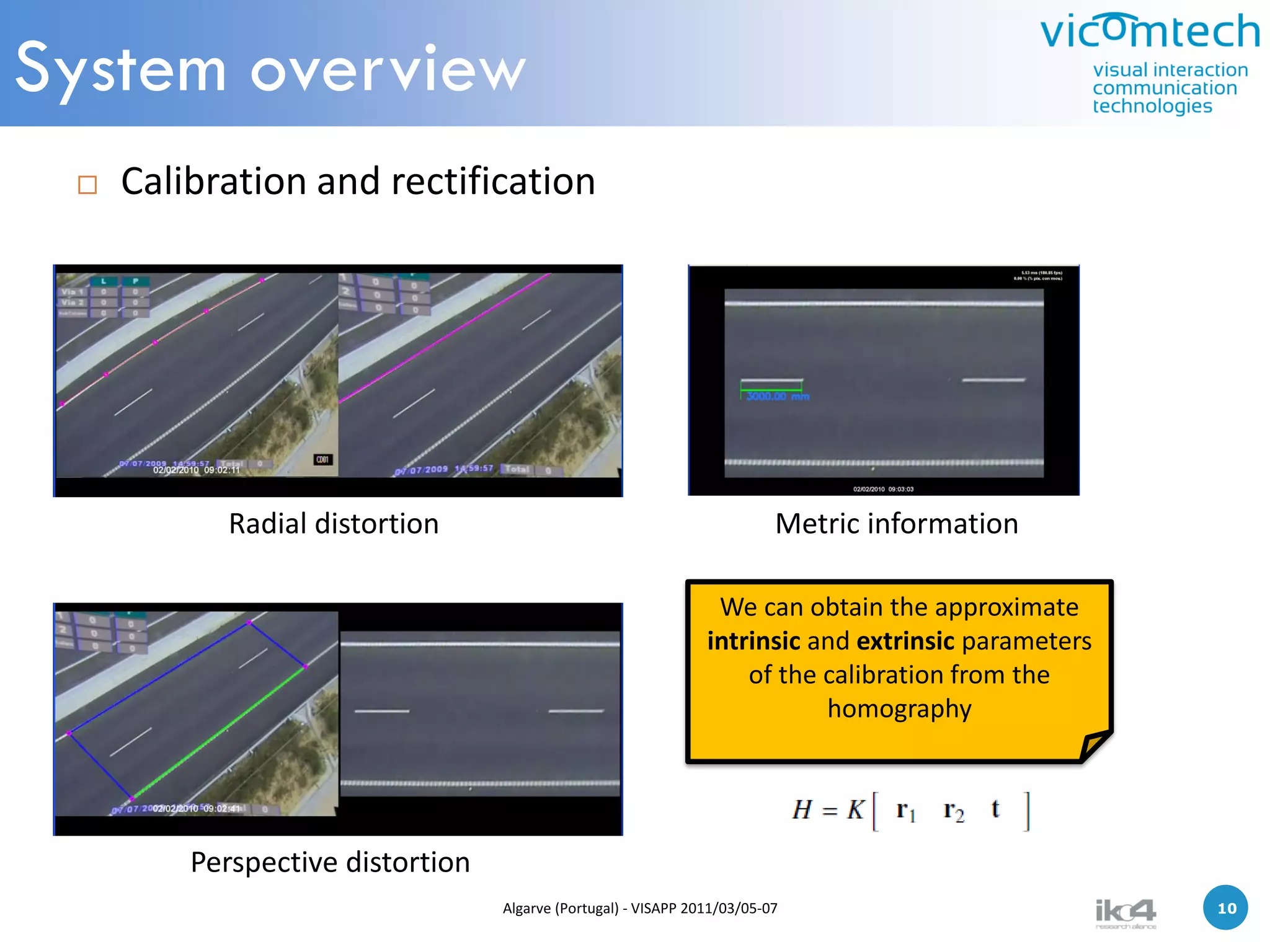 System overview
    Calibration and rectification




           Radial distortion                                              Metric information

                                                                 We can obtain the approximate
                                                                intrinsic and extrinsic parameters
                                                                    of the calibration from the
                                                                           homography




         Perspective distortion
                                  Algarve (Portugal) - VISAPP 2011/03/05-07                          10   10
 