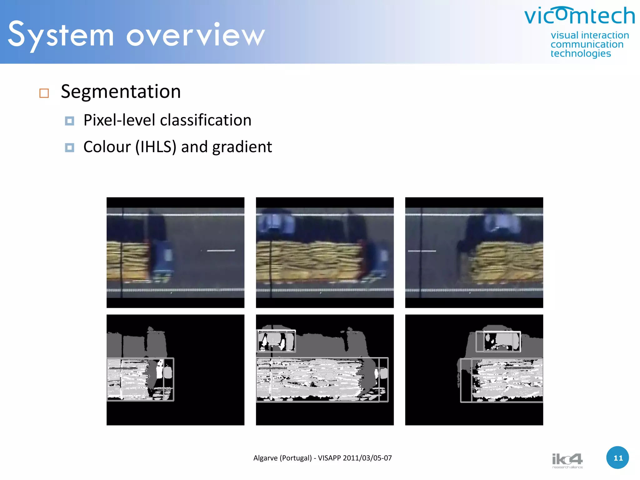 System overview
    Segmentation
        Pixel-level classification
        Colour (IHLS) and gradient




                                Algarve (Portugal) - VISAPP 2011/03/05-07   11   11
 