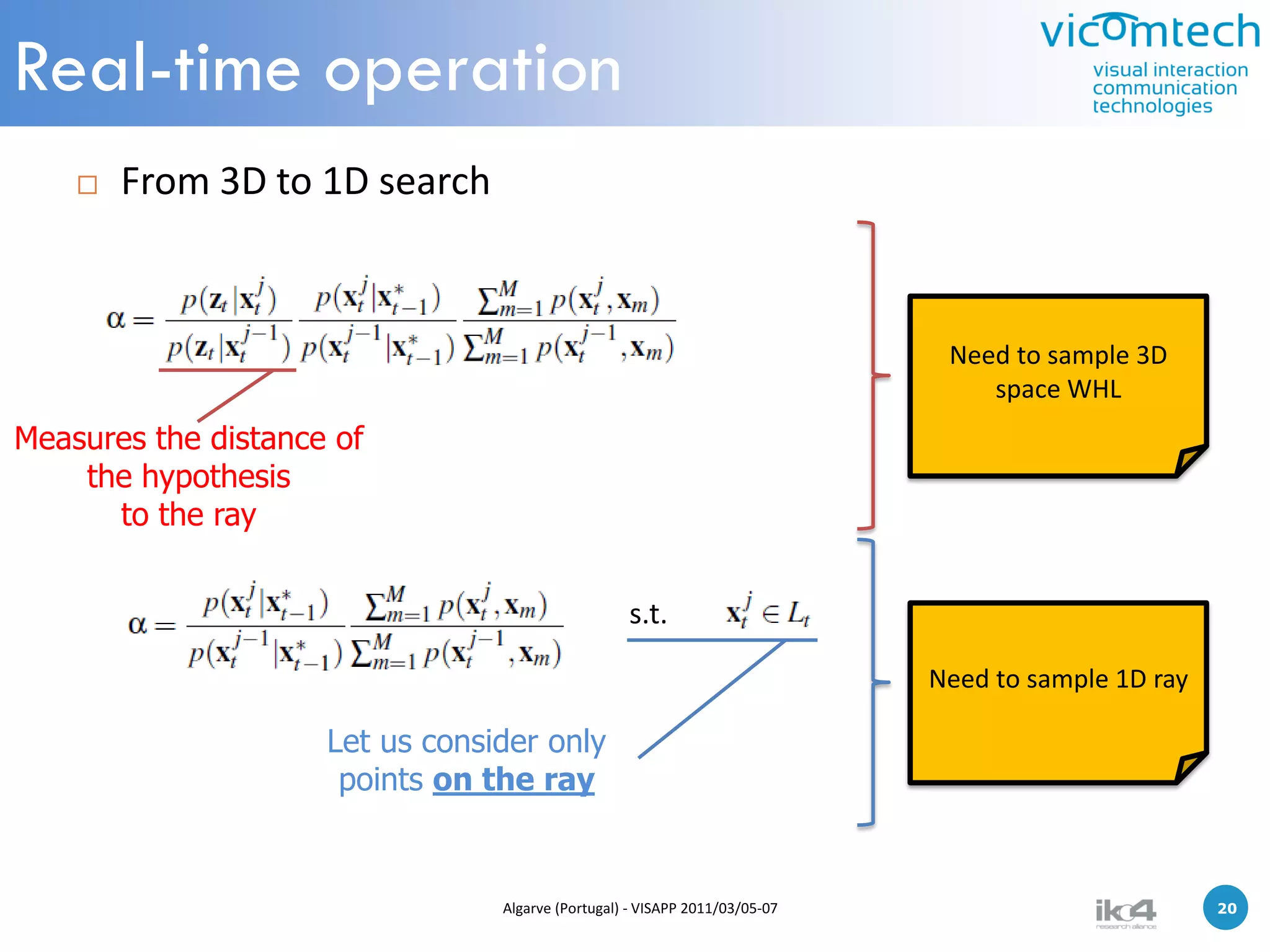 Real-time operation
       From 3D to 1D search



                                                                              Need to sample 3D
                                                                                 space WHL
Measures the distance of
    the hypothesis
      to the ray


                                                   s.t.

                                                                             Need to sample 1D ray

                     Let us consider only
                      points on the ray


                                 Algarve (Portugal) - VISAPP 2011/03/05-07                        20   20
 