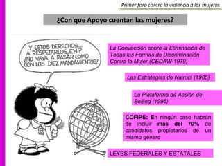 ¿Con que Apoyo cuentan las mujeres? Las Estrategias de Nairobi (1985) La Plataforma de Acción de Beijing (1995) La Convección sobre la Eliminación de Todas las Formas de Discriminación Contra la Mujer (CEDAW-1979) LEYES FEDERALES Y ESTATALES COFIPE: E n ningún caso habrán de incluir  más del 70%  de candidatos propietarios de un mismo género Primer foro contra la violencia a las mujeres 