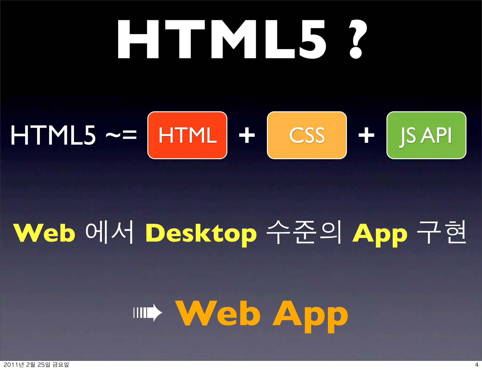HTML5 ?
HTML5 ~= HTML +          CSS   + JS API


Web            Desktop         App


               ➠ Web App
	    	    	 
 