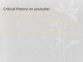 What does it mean to be critical? What’s critical theory, really?Taking social inequality and social transformation as center to one’s workHow aspects of popular culture are related to the forms of political control and how particular forms of rationalism have come to dominate other possible ways of thinking.Always turning a skeptical eye towards assumptions, ideas that have become “nauturalized.”- Problemitizing the givenAwareness of the limits of knowing. Being self reflexive.E.G. Brian Morgan (1997,1998) gives an example of his own classroom to illustrate how critical practice in ESL can emerge from community concerns. He writes “ a community-based, critical ESL pedagogy doesn’t mean neglecting language. It means organizing language around expeiences that are immediate to students.”
