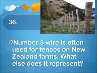 36.,[object Object],Number 8 wire is often used for fences on New Zealand farms. What else does it represent?,[object Object]