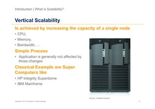 Introduction | What is Scalability?


Vertical Scalability
Is achieved by increasing the capacity of a single node
•  CPU,
•  Memory,
•  Bandwidth, …
Simple Process
•  Application is generally not affected by
   those changes
Classical Example are Super
Computers like
•  HP Integrity Superdome
•  IBM Mainframe


                                                   Source: Hewlett-Packard
Copyright © 2011 Accenture. All rights reserved.                             15
 