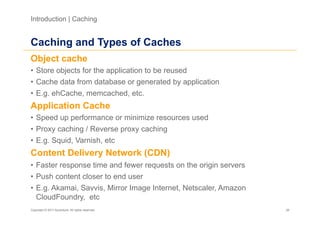 Introduction | Caching


Caching and Types of Caches
Object cache
•  Store objects for the application to be reused
•  Cache data from database or generated by application
•  E.g. ehCache, memcached, etc.
Application Cache
•  Speed up performance or minimize resources used
•  Proxy caching / Reverse proxy caching
•  E.g. Squid, Varnish, etc
Content Delivery Network (CDN)
•  Faster response time and fewer requests on the origin servers
•  Push content closer to end user
•  E.g. Akamai, Savvis, Mirror Image Internet, Netscaler, Amazon
   CloudFoundry, etc
Copyright © 2011 Accenture. All rights reserved.                   26
 