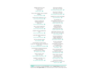 APPRECIATION TO THE                     WILLIAM R HARVEY
          FOX HILL STAFF                       2001 HALL OF FAME
            2010-2011                       NCHS Alumni Association - 47
         Kathy Levine - 45
                                               WILLIAM H STRONG
 TOM, LEISA, EMMA, SAM & SARAH                 1970 HALL OF FAME
             MERRELL                        NCHS Alumni Association - 47
     Tom & Leisa Merrell - 45
                                           AMERICAN FUNDS HONOREE
    DAVID JOHN MERVILDE 2010                  Nora Elementary - 47
      Jim & Ginny Mervide - 45
                                                 IN MEMORY OF
         JAMES D. MERVILDE                  LEON BAISA, CLASS OF 2013
          SUPERINTENDENT                       FROM YOUR NC PTO
             2006-2011                         North Central PTO - 51
      Jim & Ginny Mervilde - 46
                                                 IN MEMORY OF
       JIM & GINNY MERVILDE                     RAHEE JOHNSON
          AUGUST 14, 1970                         CLASS OF 2012
      Jim & Ginny Mervilde - 46                FROM YOUR NC PTO
                                               North Central PTO - 51
     JOSEPH THOMAS MERVILDE
                2007                         BROTHERS TIMOTHY 1990
      Jim & Ginny Mervilde - 46             AND TED 1996 O’DONNELL
                                                Ted O’Donnell - 51
     LUKE RICHARDS MERVILDE
                2008                           MAGGIE ORZESKE 06
      Jim & Ginny Mervilde - 46                 LARRY ORZESKE 08
                                               CHARLIE ORZESKE 13
       THE MUMFORD FAMILY                     Don & Julia Orzeske - 51
         Terry Mumford - 46
                                                SCOTT W. ROGERS
    IN HONOR OF MATT JUDGE                       CLASS OF 1967
CLASS OF 1980 REUNION CHAIRMAN                FOR WHAT IT’S WORTH
               JUNE 2010                          I’M A BELIEVER
 NC Class of 1980 Reunion Committee - 46       ALL U NEED IS LOVE
                                                 Scott Rogers - 51
  IN HONOR OF RAHEE JOHNSON
         REST IN HEAVEN                         SALLY (SNYDER) ROSS
      FROM YOUR NC FAMILY                          CLASS OF 1964
      NC Student Council - 47                  1ST GRAD OF NEW NC
                                               Sally (Snyder) Ross - 53
       SEAN S. BUCK 1979
         HALL OF FAME                           ROBT (BOB) SNYDER
    NCHS Alumni Association - 47                   CLASS OF 1960
                                                ONLY 4 YEAR CLASS
      ROBERT M EINTERZ 1974                    Sally (Snyder) Ross - 53
           HALL OF FAME
      NC Alumni Association - 47                THE SETTLE FAMILY
                                           CLASSES OF 64-73-75-78-79-82
                                                 Vikki R. Scott - 49


1990 The Foundation awarded $14,500 in grants. Limited Choice program was
implemented. Dr. Eugene White was named principal of North Central High School.
 