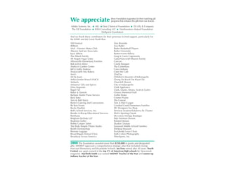 We appreciate                            these Foundation supporters for their matching gift
                                         programs that enhance the gifts from our donors:

Adobe Systems, Inc.   �   AIG � Dow Chemical Foundation � Eli Lilly & Company
The GE Foundation     �   KSM Consulting LLC � Northwestern Mutual Foundation
                               Wellpoint Foundation
And we thank these contributors for their generous in-kind support, particularly for
the BASH and the Great North Run.
500 Festival                                Dan Brunette
8fifteen                                    Lisa Butler
AAA - Hoosier Motor Club                    Butler Basketball Players
Abrams EyeCare Associates                   Butler University
Karri Alberti                               Buttercreams Bakery
The Alberti Family                          Greg & Carrie Cagnassola
All People Yoga Center                      Caito/Hancock/Hiltunen Family
Allisonville Elementary Families            Cancun
Bob & Kris Altice                           Candy Bouquet
Andrea’s Garden Center                      The Canterbury
Jeff & Kathy Andress                        Carey Indiana
Aristocrat/In Situ Bakery                   Cater Me Café
Arni’s                                      ChaCha
Art by Joani                                Children’s Museum of Indianapolis
Arthur Jordan Branch YMCA                   Chung Do Kwah Tae Kwon Do
Artifacts                                   Churchill Downs
Artisano’s Oils and Spices                  City of Indianapolis
Dina Avgoustis                              Clark Appliance
Bagel Fair                                  Clark, Quinn, Moses, Scott & Grahn
Baker & Daniels                             Clowes Memorial Hall
Barbara Martin Piano Service                Coffee Brake
Bark Tutor                                  Conner Prairie
Tom & Adel Barry                            The Conrad
Barto’s Catering and Concessions            Tom & Pam Cooper
Be Bon Vivant                               Crooked Creek Elementary Families
Becky Daehler                               DC Designers Tux Shop
Bell’s School Services, Inc.                Denison Aviation/Solutions Air Charter
Bender & Rocap Educational Services         Dick’s Sporting Goods
Benihana                                    DL Lowry Hairspa Boutique
Bingham McHale LLP                          Patti Freeman Dorson
Boatman Geller                              Roland Dorson
Bobby Cooper Salon                          Dunkin’ Donuts
The Body Temple Pilates Studio              Easwood Middle School Families
Booth Dermatology                           Eiteljorg Museum
Brenner Luggage                             Everybody Loves Clean
Broad Ripple Animal Clinic                  Faith Cohen Photography
Broadway Across America                     FiberXperts, Inc.

2008 The Foundation awarded more than $250,000 in grants and designated
gifts. MSDWT approved a comprehensive strategic plan that included closing
Harcourt Elementary and Wyandotte Schools. Joe Erne retired after 40 years. North
Central was again named in the top 2% of American high schools by Newsweek
magazine. Maribeth Smith was named MSDWT Teacher of the Year and runner-up
Indiana Teacher of the Year.
 