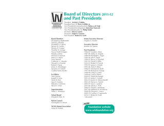 Board of Directors 2011-12
                 and Past Presidents
                  President Kristin J. Cudahy
                  President Elect C. Perry Griffith, Jr.
                  Vice President/Communications Rebecca B. Volk
                  Vice President/Development Dena Rae Hancock
                  Vice President/Grants C. Philip Smith
                  Secretary Kim O. Laurin
                  Treasurer Leigh D. Lazaron
                  Past President Robert B. Scott
Board Members                             Senior Executive Director
Elizabeth B. Biederstedt                  Virginia S. Hacker
David G. Blachly
Elizabeth S. Calkins                      Executive Director
Steven N. Combs                           Jennifer M. Sanner
Pamela A. Cooper
Timothy D. George                         Past Presidents
Tracey Horth-Krueger                      1986-87 Gerald L. Moss
Pamela J. Klein                           1987-88 Arthur A. Angotti
Michael P. Manion                         1988-89 Randolph L. Seger
Marco A. Mena                             1989-90 Jane P. Stone
Leisa Merrell                             1990-91 Bruce A. Hazelett
Catherine G. Mossler                      1991-92 David S. Allen
Donald G. Orzeske                         1992-93 Robert H. Everitt
Robert E. Saint                           1993-95 Jamie S. Schulte
James A. Schellinger                      1995-96 Anne E. Riley
Suzanne M. Zybert                         1996-97 Michael W. Wells
Cynthia Yosha Snyder                      1997-98 Richard M. Kraege
                                          1998-99 Linda E.Cantor
Ex-Officio                                1999-00 Carol S. Burns
Alan Dinner                               2000-01 Sarah McNaught
Joseph O. Erne                            2001-02 James L. Leland
Anne B. Hair                              2002-03 James N. Kleinschmidt*
Sara C. Lootens                           2003-04 Steven G. Sanner
Edward J. Coleman                         2004-05 Sara C. Lootens
Steven L. Pratt                           2005-06 Steven L. Pratt
                                          2006-07 David L. Sternberg
Superintendent                            2007-08 Kathleen B. McMurray
Nikki C. Woodson                          2008-09 Dwayne C. Isaacs
                                          2009-10 Carolyn J. Cagnassola
School Board                              2010-11 Robert B. Scott
Donald B. Kite, Sr.                       * deceased

Parent Council
Christopher D. Wood
                                         -NEW-
NCHS Alumni Association
Sonja M. Kantor
                                             Foundation website
                                            www.wtsfoundation.org
 
