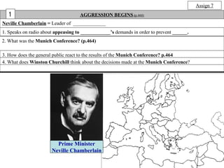 Assign 7
  1                                 AGGRESSION BEGINS (p.460)
Neville Chamberlain = Leader of _____________
1. Sp...