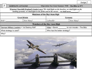 Assign 7
   7     GERMANY ATTACKS _____________ (Operation Sea Lion) Summer 1940 – The Blitz (p.467)
          Winston Chu...