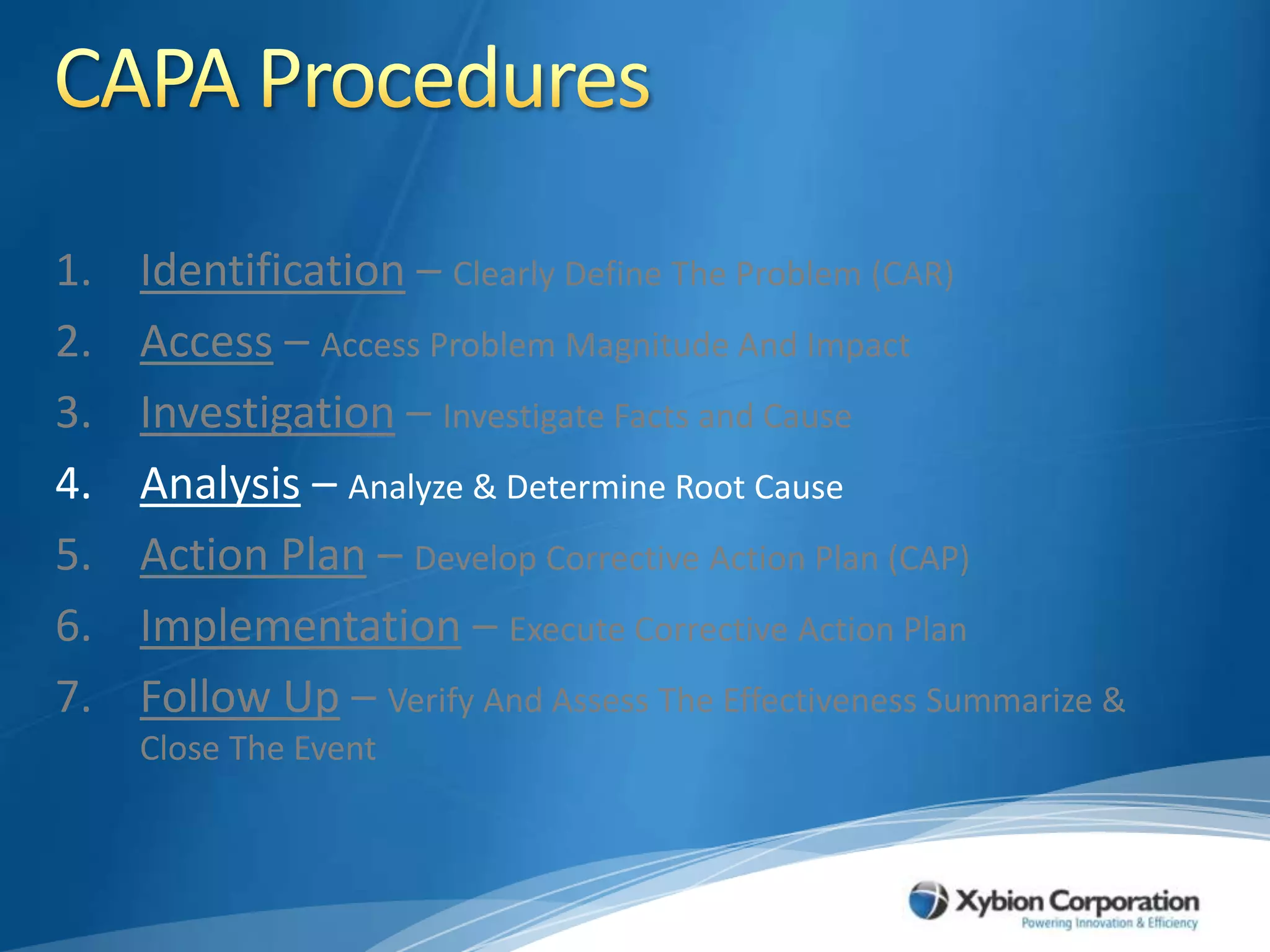 CAPA ProceduresIdentification – Clearly Define The Problem (CAR)Access – Access Problem Magnitude And ImpactInvestigation – Investigate Facts and CauseAnalysis – Analyze & Determine Root CauseAction Plan – Develop Corrective Action Plan (CAP)Implementation – Execute Corrective Action PlanFollow Up – Verify And Assess The Effectiveness Summarize & Close The Event