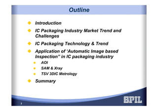 2
Introduction
IC Packaging Industry Market Trend and
Challenges
IC Packaging Technology & Trend
Application of ‘Automatic Image based
Inspection” in IC packaging industry
AOI
SAM & Xray
TSV 3DIC Metrology
Summary
OutlineOutline
 