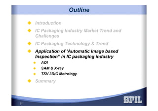 37
Introduction
IC Packaging Industry Market Trend and
Challenges
IC Packaging Technology & Trend
Application of ‘Automatic Image based
Inspection” in IC packaging industry
AOI
SAM & X-ray
TSV 3DIC Metrology
Summary
OutlineOutline
 