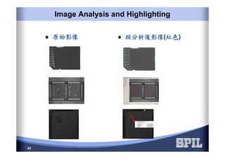 42
Image Analysis and Highlighting
原始影像原始影像原始影像原始影像 經分析後影像經分析後影像經分析後影像經分析後影像(紅色紅色紅色紅色)
 