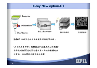 58
X-ray New option-CT
X-RAY Source
沿軸線旋轉被測物沿軸線旋轉被測物沿軸線旋轉被測物沿軸線旋轉被測物
Detector
3維影像重組維影像重組維影像重組維影像重組
截取大量的截取大量的截取大量的截取大量的2D圖像圖像圖像圖像
取得取得取得取得CT影像影像影像影像
X-RAY 系統可升級成具備斷層掃描的系統可升級成具備斷層掃描的系統可升級成具備斷層掃描的系統可升級成具備斷層掃描的CTCTCTCT系統系統系統系統。。。。
CT系統主要增加了系統主要增加了系統主要增加了系統主要增加了旋轉挾具旋轉挾具旋轉挾具旋轉挾具和和和和3D3D3D3D建立與分析軟體建立與分析軟體建立與分析軟體建立與分析軟體，，，，
藉由受測物藉由受測物藉由受測物藉由受測物360360360360度的度的度的度的2D2D2D2D影像收集影像收集影像收集影像收集，，，，再經由軟體的分再經由軟體的分再經由軟體的分再經由軟體的分
析重組析重組析重組析重組，，，，進而得到進而得到進而得到進而得到三維空間結構圖三維空間結構圖三維空間結構圖三維空間結構圖
 
