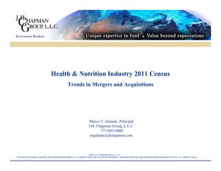 Health & Nutrition Industry 2011 Census
                                                         Trends in Mergers and Acquisitions




                                                                                Marco V. Galante, Principal
                                                                                 Marco V. Galante, Principal
                                                                                J.H. Chapman Group, L.L.C.
                                                                                J.H. Chapman Group, L.L.C.
                                                                                       773-693-4800
                                                                                       773-693-4800
                                                                                 mgalante@jhchapman.com
                                                                                 mgalante@jhchapman.com



                                                                                 ©2012 J.H. Chapman Group, L.L.C.
This document contains proprietary and confidential information of J.H. Chapman Group and may not be distributed or discussed beyond the original recipient without permission from the J.H. Chapman Group.
 