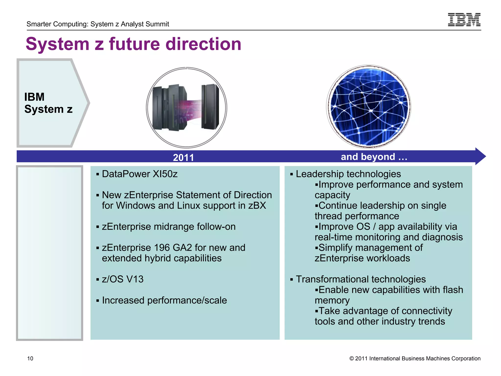 Smarter Computing: System z Analyst Summit


System z future direction

IBM
System z



                                             2011                          and beyond …
                     DataPower XI50z                           Leadership technologies
                                                                    Improve performance and system
                     New zEnterprise Statement of Direction        capacity
                      for Windows and Linux support in zBX          Continue leadership on single
                                                                    thread performance
                     zEnterprise midrange follow-on                Improve OS / app availability via
                                                                    real-time monitoring and diagnosis
                     zEnterprise 196 GA2 for new and               Simplify management of
                      extended hybrid capabilities                  zEnterprise workloads

                     z/OS V13                                  Transformational technologies
                                                                     Enable new capabilities with flash
                     Increased performance/scale                   memory
                                                                    Take advantage of connectivity
                                                                    tools and other industry trends


10                                                                           © 2011 International Business Machines Corporation
     10
 