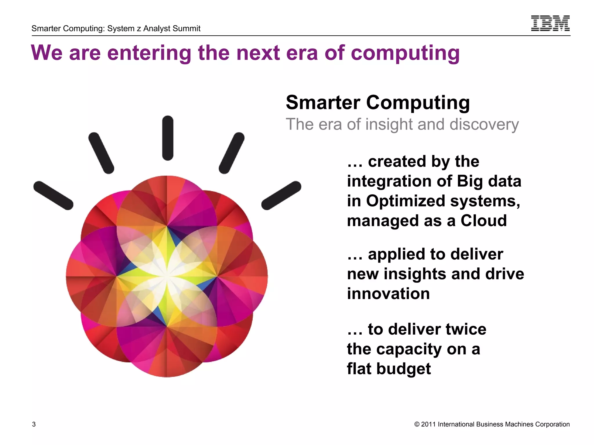 Smarter Computing: System z Analyst Summit


We are entering the next era of computing

                                             Smarter Computing
                                             The era of insight and discovery

                                                     … created by the
                                                     integration of Big data
                                                     in Optimized systems,
                                                     managed as a Cloud

                                                     … applied to deliver
                                                     new insights and drive
                                                     innovation

                                                     … to deliver twice
                                                     the capacity on a
                                                     flat budget


3                                                             © 2011 International Business Machines Corporation
    3
 