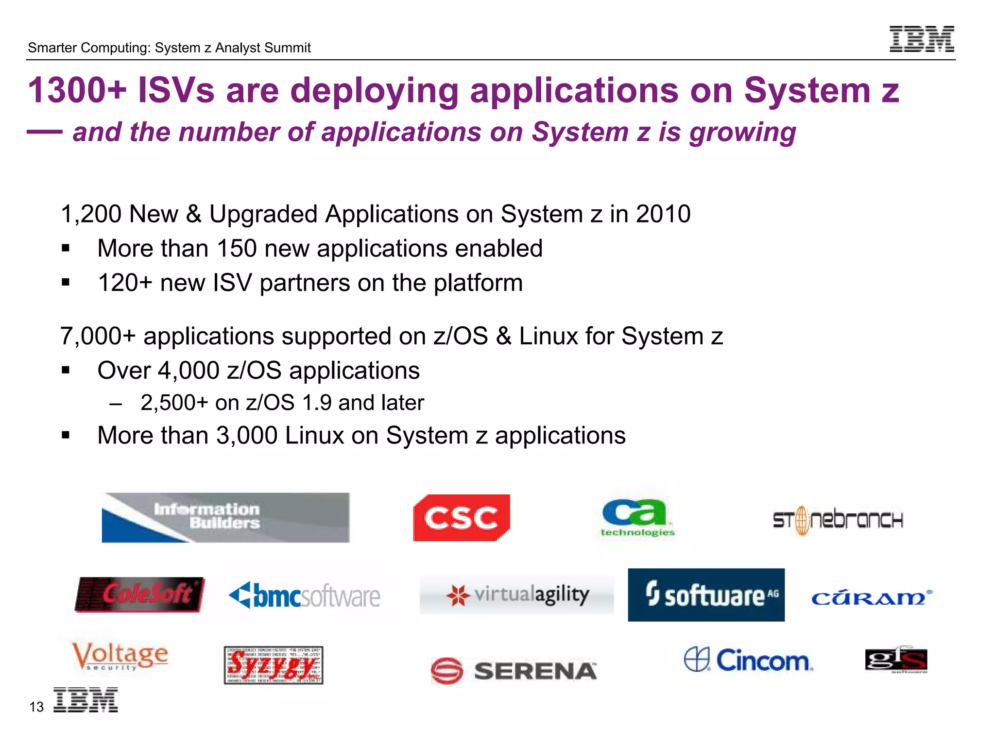 Smarter Computing: System z Analyst Summit


1300+ ISVs are deploying applications on System z
— and the number of applications on System z is growing

     1,200 New & Upgraded Applications on System z in 2010
      More than 150 new applications enabled
                       •
      120+ new ISV partners on the platform

     7,000+ applications supported on z/OS & Linux for System z
      Over 4,000 z/OS applications
            – 2,500+ on z/OS 1.9 and later
         More than 3,000 Linux on System z applications




13
 