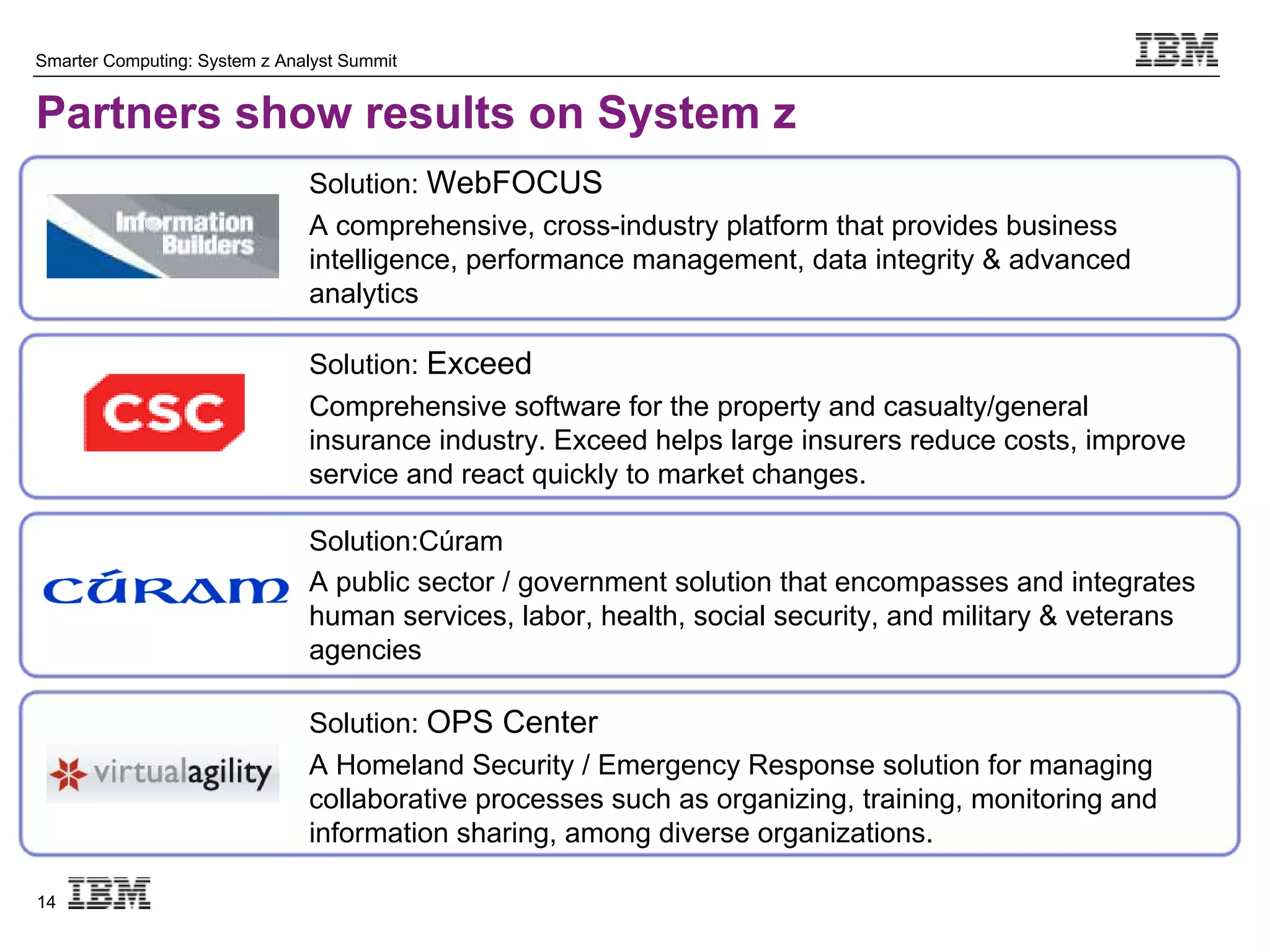 Smarter Computing: System z Analyst Summit


Partners show results on System z
                               Solution: WebFOCUS
                               A comprehensive, cross-industry platform that provides business
                               intelligence, performance management, data integrity & advanced
                               analytics

                               Solution: Exceed
                               Comprehensive software for the property and casualty/general
                               insurance industry. Exceed helps large insurers reduce costs, improve
                               service and react quickly to market changes.

                               Solution:Cúram
                               A public sector / government solution that encompasses and integrates
                               human services, labor, health, social security, and military & veterans
                               agencies

                               Solution: OPS Center
                               A Homeland Security / Emergency Response solution for managing
                               collaborative processes such as organizing, training, monitoring and
                               information sharing, among diverse organizations.

14
 