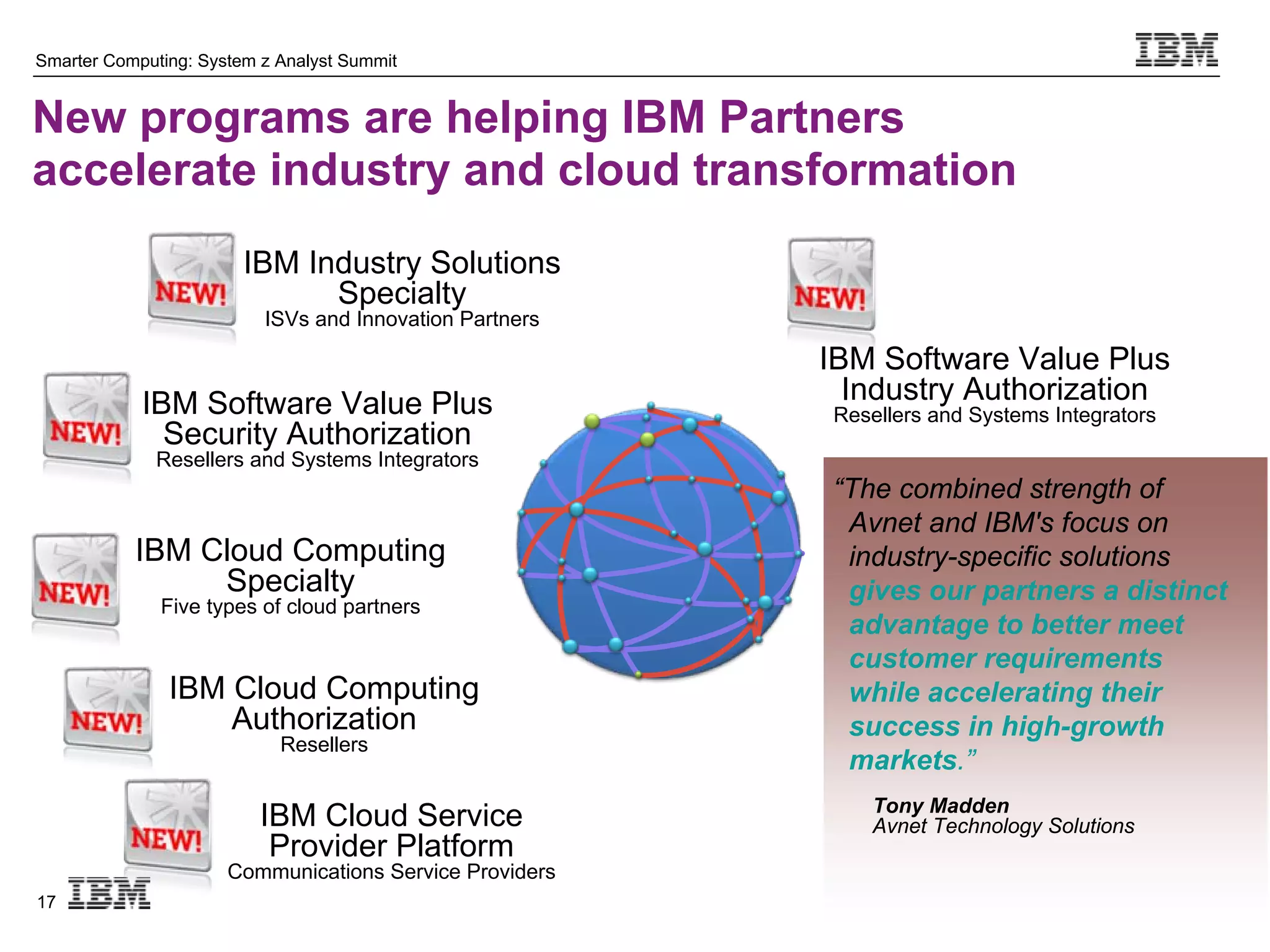 Smarter Computing: System z Analyst Summit


New programs are helping IBM Partners
accelerate industry and cloud transformation
                        IBM Industry Solutions
                              Specialty
                          ISVs and Innovation Partners

                                                         IBM Software Value Plus
            IBM Software Value Plus                        Industry Authorization
                                                         Resellers and Systems Integrators
              Security Authorization
              Resellers and Systems Integrators
                                                         “The combined strength of
                                                          Avnet and IBM's focus on
           IBM Cloud Computing                            industry-specific solutions
                Specialty                                 gives our partners a distinct
              Five types of cloud partners
                                                          advantage to better meet
                                                          customer requirements
               IBM Cloud Computing                        while accelerating their
                   Authorization                          success in high-growth
                            Resellers
                                                          markets.”
                                                            Tony Madden
                          IBM Cloud Service                 Avnet Technology Solutions
                           Provider Platform
                      Communications Service Providers
17
 