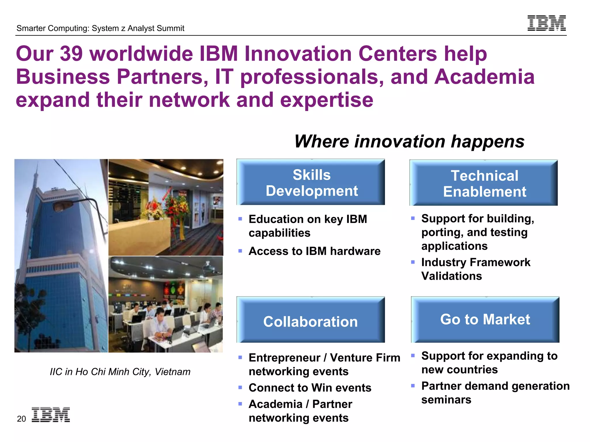 Smarter Computing: System z Analyst Summit


Our 39 worldwide IBM Innovation Centers help
Business Partners, IT professionals, and Academia
expand their network and expertise
                                                      Where innovation happens
                                                    Skills                       Technical
                                                 Development                    Enablement
                                              Education on key IBM        Support for building,
                                               capabilities                 porting, and testing
                                              Access to IBM hardware       applications
                                                                           Industry Framework
                                                                            Validations



                                                 Collaboration                 Go to Market

                                              Entrepreneur / Venture Firm  Support for expanding to
        IIC in Ho Chi Minh City, Vietnam       networking events             new countries
                                              Connect to Win events        Partner demand generation
                                              Academia / Partner            seminars
20                                             networking events
 