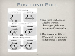 Push und Pull

           Nur nicht vorhandene
           Objekte werden
           übertragen (Wie eine
           dezentrale Datenbank)

           Das Zusammenführen
           (Merging) von Commits
           ﬁndet immer lokal statt




      11
 