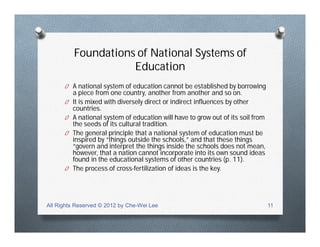 Foundations of National Systems of
Education
O A national system of education cannot be established by borrowing
a piece from one country, another from another and so on.
O It is mixed with diversely direct or indirect influences by other
countries.
O A national system of education will have to grow out of its soil from
the seeds of its cultural tradition.
O The general principle that a national system of education must be
inspired by “things outside the schools,” and that these things
“govern and interpret the things inside the schools does not mean,
however, that a nation cannot incorporate into its own sound ideas
found in the educational systems of other countries (p. 11).
O The process of cross-fertilization of ideas is the key.
All Rights Reserved © 2012 by Che-Wei Lee 11
 