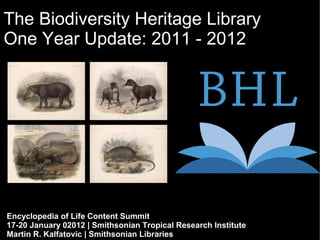 The Biodiversity Heritage Library
One Year Update: 2011 - 2012




Encyclopedia of Life Content Summit
17-20 January 02012 | Smithsonian Tropical Research Institute
Martin R. Kalfatovic | Smithsonian Libraries
 