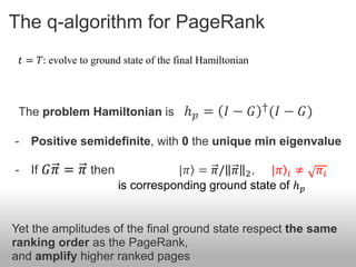 The q-algorithm for PageRank
    𝑡 = 𝑇: evolve to ground state of the final Hamiltonian



 The problem Hamiltonian is ℎ 𝑝 =                   𝐼 − 𝐺 † (𝐼 − 𝐺)

-     Positive semidefinite, with 0 the unique min eigenvalue

- If 𝐺𝜋 = 𝜋 then                      |𝜋 = 𝜋/ 𝜋 2 , |𝜋 𝑖 ≠            𝜋𝑖
                           is corresponding ground state of ℎ 𝑝


Yet the amplitudes of the final ground state respect the same
ranking order as the PageRank,
and amplify higher ranked pages
 