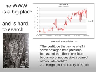 The WWW
is a big place
…
and is hard
to search

                        www.worldwidewebsize.com

                 "The certitude that some shelf in
                 some hexagon held precious
                 books and that these precious
                 books were inaccessible seemed
                 almost intolerable"
                 J.L. Borges in The library of Babel
 