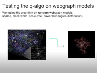Testing the q-algo on webgraph models
We tested the algorithm on random webgraph models,
sparse, small-world, scale-free (power law degree distribution):
 