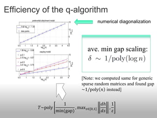 Efficiency of the q-algorithm
                                         numerical diagonalization




                                 ave. min gap scaling:



                              [Note: we computed same for generic
                              sparse random matrices and found gap
                              ~1/poly 𝑛 instead]


                   1                      𝑑ℎ 1
         𝑇~poly          , max 𝑠∈[0,1]       ,
                min(gap)                  𝑑𝑠 𝜀
 