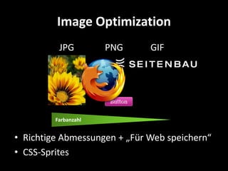Image Optimization
          JPG         PNG     GIF




         Farbanzahl


• Richtige Abmessungen + „Für Web speichern“
• CSS-Sprites
 