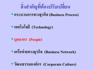 สิ่งสําคัญที่ตองปรับเปลี่ยน
กระบวนการทางธุรกิจ (Business Process)

เทคโนโลยี (Technology)

บุคลากร (People)

เครือขายทางธุรกิจ (Business Network)

วัฒนธรรมองคกร (Corporate Culture)
 