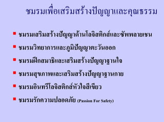 ชมรมเพือเสริมสรางปญญาและคุณธรรม
         ่
ชมรมเสริมสรางปญญาดานโลจิสติกสและซัพพลายเชน
ชมรมวิทยาการและภูมิปญญาตะวันออก
ชมรมฝกสมาธิและเสริมสรางปญญาฐานใจ
ชมรมสุขภาพและเสริมสรางปญญาฐานกาย
ชมรมอินทรีโลจิสติกสหัวใจสีเขียว
ชมรมรักความปลอดภัย (Passion For Safety)
 