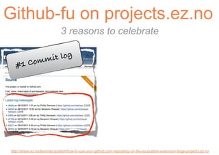 Github-fu on projects.ez.no
                              3 reasons to celebrate


             omm it log
   #1 C




http://share.ez.no/learn/ez-publish/how-to-use-your-github.com-repository-on-the-ez-publish-extension-forge-projects.ez.no
 