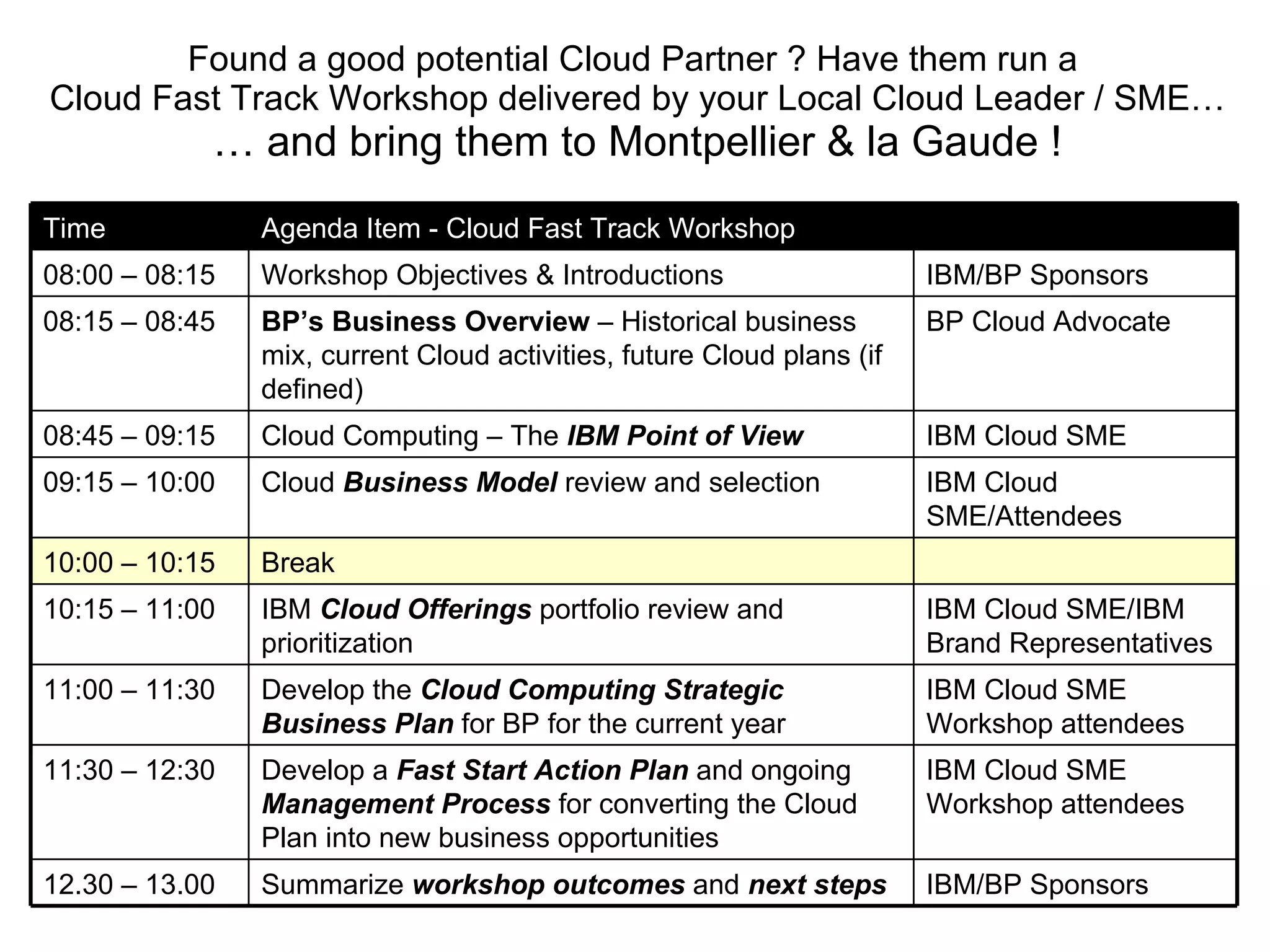Found a good potential Cloud Partner ? Have them run a  Cloud Fast Track Workshop delivered by your Local Cloud Leader / SME… … and bring them to Montpellier & la Gaude ! Break 10:00 – 10:15 IBM Cloud SME Cloud Computing – The  IBM Point of View 08:45 – 09:15 IBM/BP Sponsors Summarize  workshop outcomes  and  next steps 12.30 – 13.00 Agenda Item - Cloud Fast Track Workshop Time IBM Cloud SME  Workshop attendees Develop a  Fast Start Action Plan  and ongoing  Management Process  for converting the Cloud Plan into new business opportunities 11:30 – 12:30 BP Cloud Advocate BP’s Business Overview  – Historical business mix, current Cloud activities, future Cloud plans (if defined) 08:15 – 08:45 IBM/BP Sponsors Workshop Objectives & Introductions 08:00 – 08:15 IBM Cloud SME  Workshop attendees Develop the  Cloud Computing Strategic Business Plan  for BP for the current year 11:00 – 11:30 IBM Cloud SME/IBM Brand Representatives IBM  Cloud Offerings  portfolio review and prioritization 10:15 – 11:00 IBM Cloud SME/Attendees Cloud  Business Model  review and selection 09:15 – 10:00 